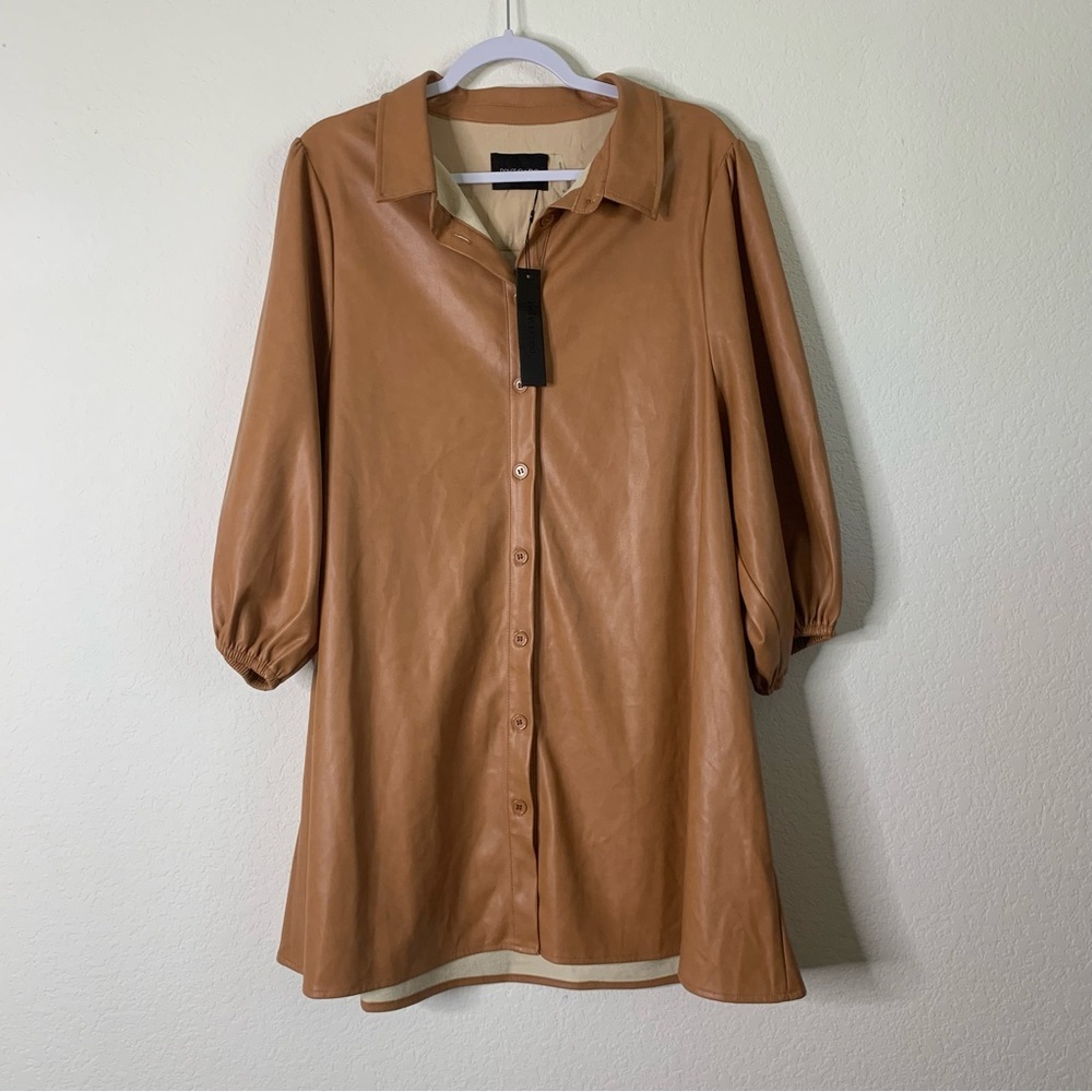 Dolce Cabo Classic Faux Leather Dress with Puff Sleeves camel brown XL NWT - Picture 2 of 11